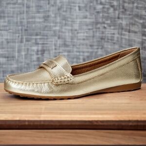 Coach Fredrica womens pebbleb gold metallic leather slip-on loafer platinum
